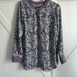 Talbots Navy and Cream Floral Print Blouse with Pink Accents Size Large